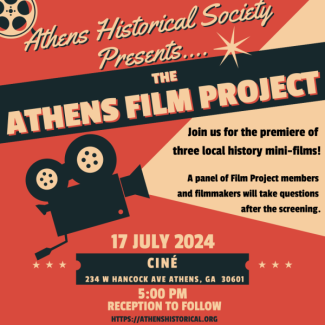 Graphic with text, film projector, and reel