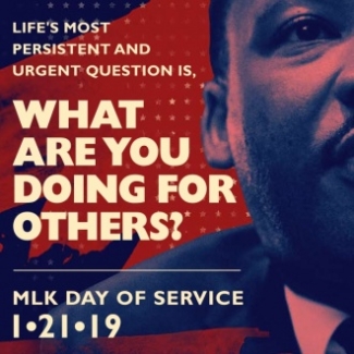 poster graphic with photo in red and blue with text