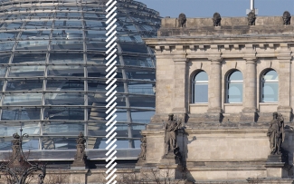 photo of buildings with white graphic