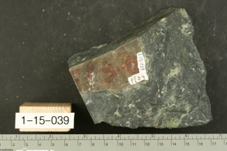 photo stone specimen with centimeter ruler for scale, numbers