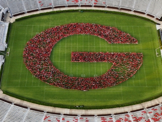 drone aerial photo of people making letter G in stadium