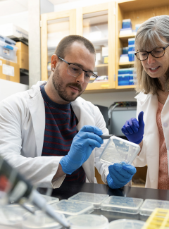 photo of two people in lab with samples, rubber gloves