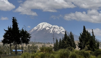 photo of snow-covered mountain, day, with trees in foreground