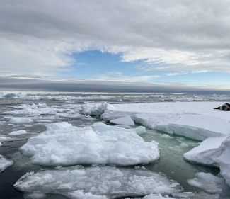 photo of icebergs and sea, with sky, day