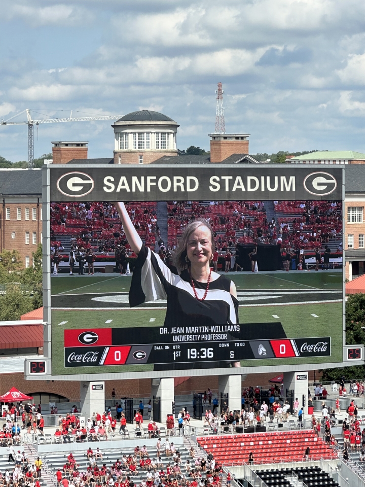 2023 University Professor Jean Martin-Williams on the Sanford Stadium Jumbotron