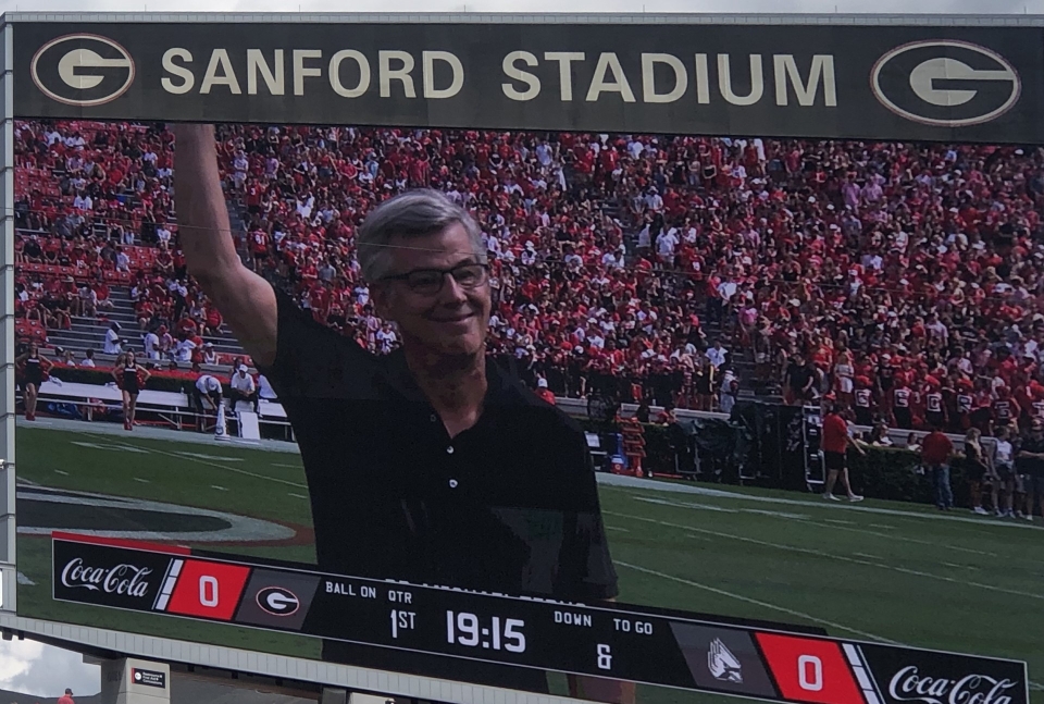 2023 Regents Professor Michael Terns on the Jumbotron at Sanford Stadium