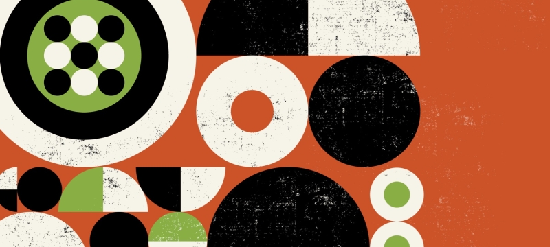 graphic of text and geometric shapes on burnt Sienna 
