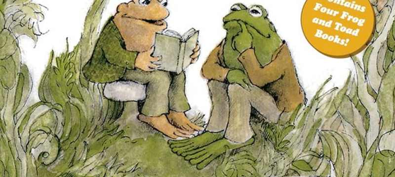 cartoon book cover with toad reading book to frog