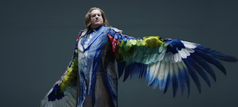 photo of man in costume with large colorful wings