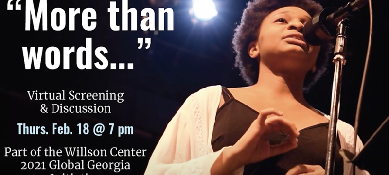 graphic with photo of woman at microphone, words in white text