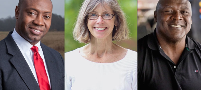 headshots of three people, two men, one woman 