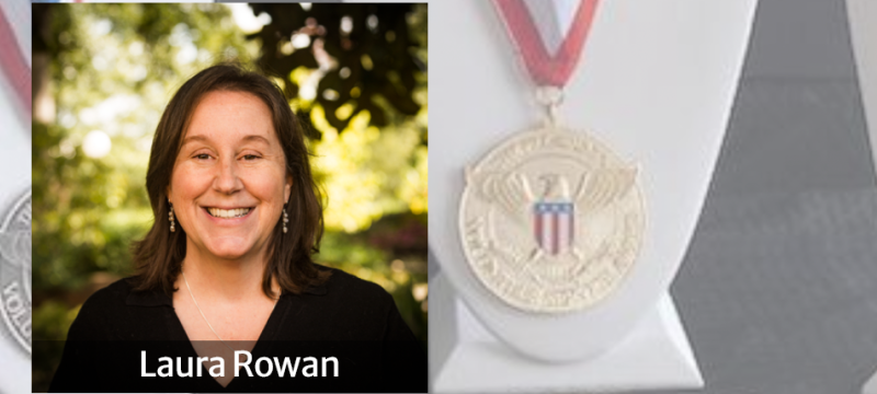 graphic with two headshot photos, medals, in diagonal corners