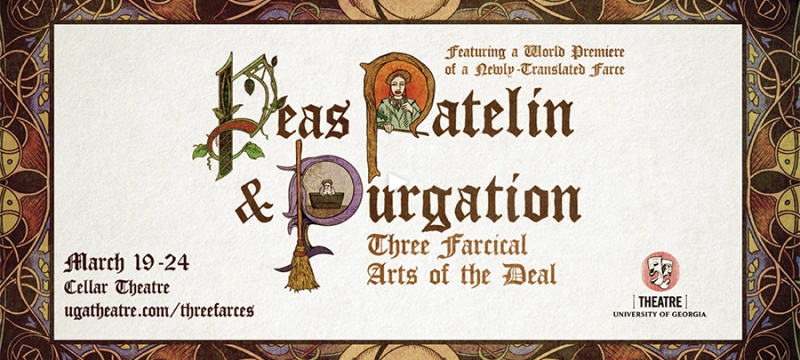 theatre graphic with old script and colorful border