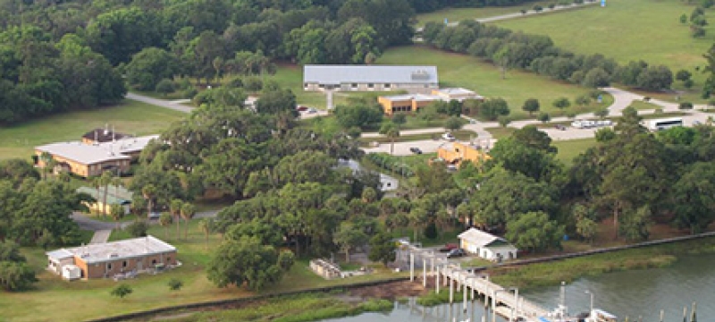 aerial view of dock with research vessel