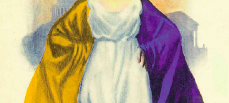 graphic with image of woman and capital dome, text Suffrage