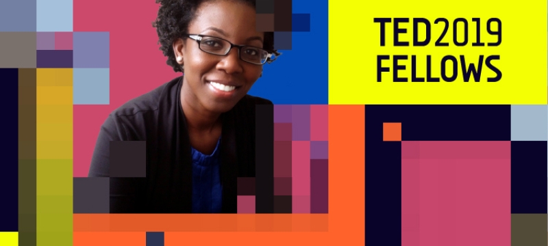 Graphic with woman's photo, pixelated rectangles and text