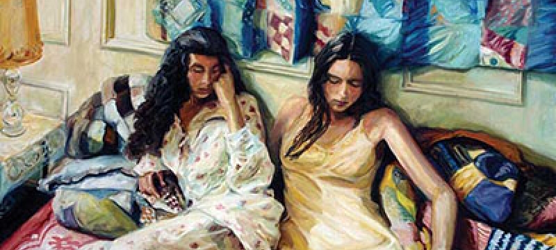 painting of two women, with quilts