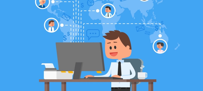 graphic wit man on laptop and bubbles representing teleconference interactions