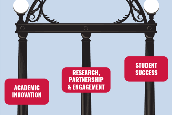 graphic with arch, white text on red rectangles, three vertical pillars