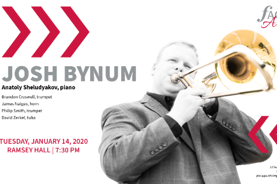 graphic with photo of man playing trombone, red letters