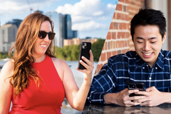 split photo of two people using smart phones