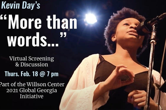 graphic with photo of woman at microphone, words in white text