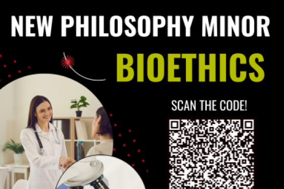 graphic with white text on black, QR code, photo
