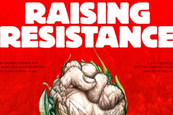 graphic on red, with plant fist