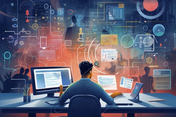 graphic illustrations with figure, computer, shapes and colorful designs