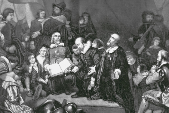 black and white engraving of puritan discussion and service