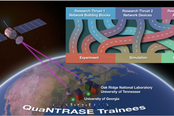 graphic with image of Earth, a satellite, campus buildings and schematic