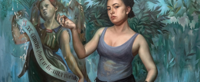 photo of painting with two female figures, blue background with leaves