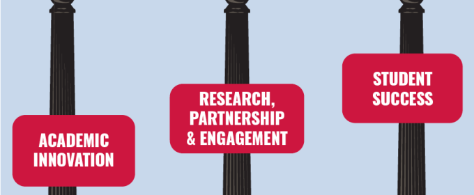 graphic with arch, white text on red rectangles, three vertical pillars