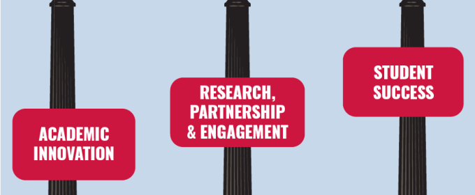 graphic with arch, white text on red rectangles, three vertical pillars