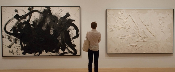 photo of person in gallery between two large partings