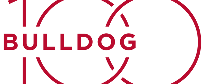 red logo on white background of Bulldog 100