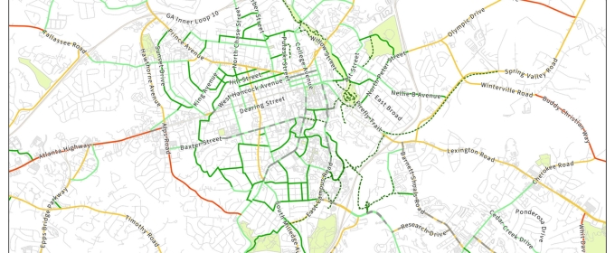 map graphic, with lines and streets highlighted in colors