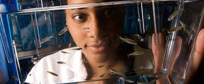 woman in lab with fish tank