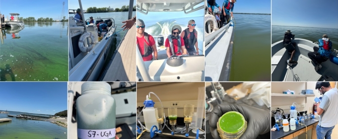 grid of 17 photos, with boats, water, research tools, people