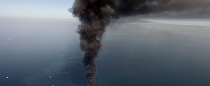 smoking oil rig in the Gulf of Mexico