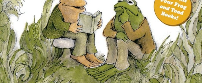 cartoon book cover with toad reading book to frog