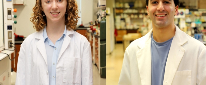 side-by-side photos of woman, left, and man, in lab coats