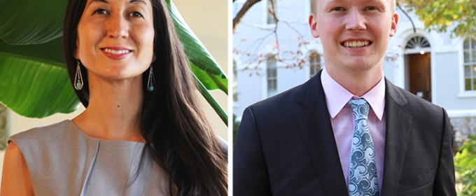 two sides by side photos of a woman, left, and a man