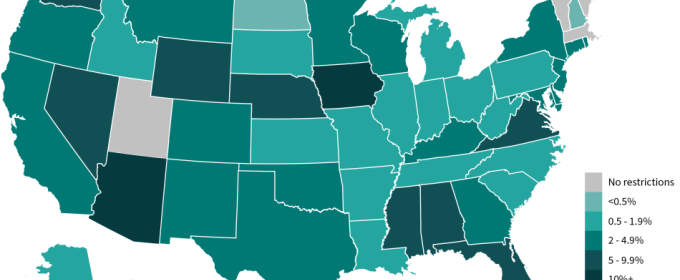 map of United States with color coded states and key