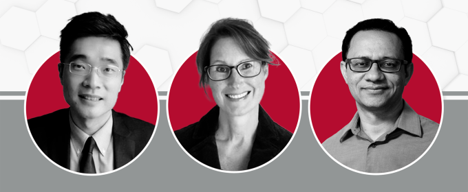 headshots of three people on red circle graphic