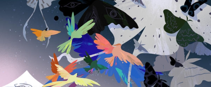 graphic with colorfully drawn birds and paper