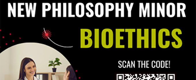 graphic with white text on black, QR code, photo