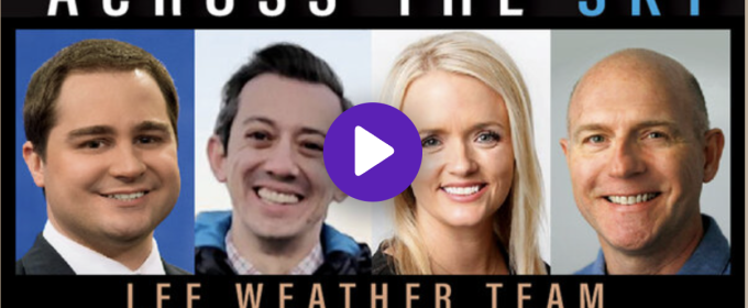 graphic with photos of four people, stormy skies, play button