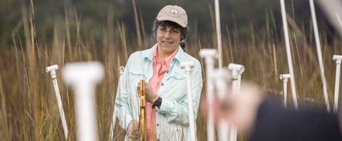 photo of woman in marsh with instruments