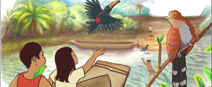 illustration with children, boar, water, and birds